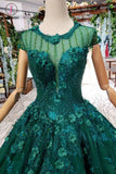 Dark Green Lace Ball Gown Prom Dress With Beads, Quinceanera Dress with Flowers KPP0854