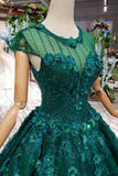 Dark Green Lace Ball Gown Prom Dress With Beads, Quinceanera Dress with Flowers KPP0854