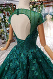 Dark Green Lace Ball Gown Prom Dress With Beads, Quinceanera Dress with Flowers KPP0854