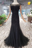 Black Mermaid Tulle Prom Dress with Sequins, Sparkly Sleeveless Evening Dresses KPP0857