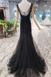 Black Mermaid Tulle Prom Dress with Sequins, Sparkly Sleeveless Evening Dresses KPP0857