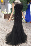 Black Mermaid Tulle Prom Dress with Sequins, Sparkly Sleeveless Evening Dresses KPP0857