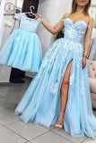 Unique Light Sky Blue Tulle Prom Dress with Slit, A Line Sweetheart Long Prom Gown KPP0862