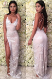 Bodydon Maxi Prom Dress with Side Slit, Long V Neck Party Dresses with Lace Applique KPP0732