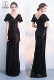 Black Sparkly Sequined Evening Dresses with Short Sleeves, Long Prom Dress with Pleats KPP0696