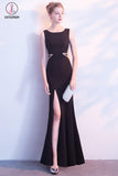 Black Mermaid Long Evening Dress with Side Slit, Floor Length Prom Dress with Beads KPP0697