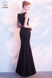 Black Mermaid Long Evening Dress with Side Slit, Floor Length Prom Dress with Beads KPP0697