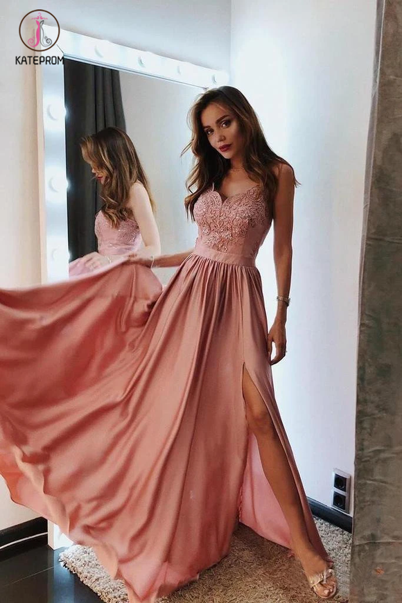 Charming Long Prom Dresses Lace Spaghetti Straps Prom Dress with Side Slit KPP0781