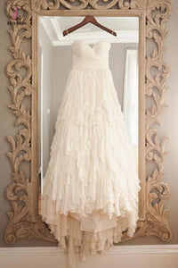 Vintage Beige Strapless Sweetheart Sleeveless Sweep Train Layers Beach Wedding Dress KPW0145