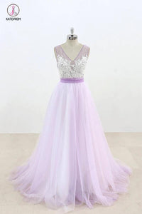 Lilac V Neck Sleeveless Tulle Wedding Dress Lace Appliqued Bridal Gown with Belt KPW0195