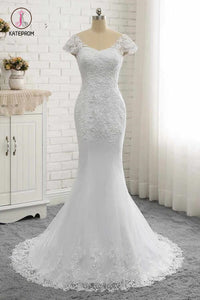 White Lace Appliques Wedding Dress with Short Sleeves, Long Tulle Bridal Dress with Lace KPW0325