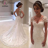 White Lace Appliques Wedding Dress with Short Sleeves, Long Tulle Bridal Dress with Lace KPW0325