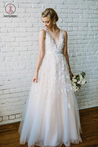 Floor Length V Neck Lace Applique Beach Wedding Dress, Puffy Tulle Wedding Gown KPW0344