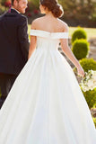 Simple A-Line Off the Shoulder Button Covered Long Wedding Dress, Cheap Bridal Dress KPW0362