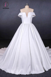 Puffy Off the Shoulder Satin Wedding Dress, Ball Gown Long Bridal Dress with Long Train KPW0466