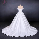 Puffy Off the Shoulder Satin Wedding Dress, Ball Gown Long Bridal Dress with Long Train KPW0466