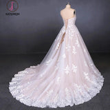 Puffy Strapless Tulle Wedding Dress with Lace Appliques, Long Train Lace Up Bridal Dress KPW0478