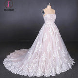 Puffy Strapless Tulle Wedding Dress with Lace Appliques, Long Train Lace Up Bridal Dress KPW0478