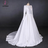 Cheap Long Sleeves Satin White Wedding Dress, Simple Backless Bridal Dresses KPW0479