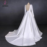 Cheap Long Sleeves Satin White Wedding Dress, Simple Backless Bridal Dresses KPW0479