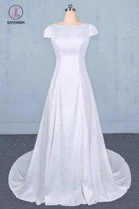 Simple A Line Cap Sleeves Wedding Dress with Lace, Long Bridal Dress with Lace KPW0493