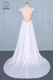 Simple A Line Cap Sleeves Wedding Dress with Lace, Long Bridal Dress with Lace KPW0493