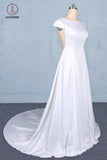 Simple A Line Cap Sleeves Wedding Dress with Lace, Long Bridal Dress with Lace KPW0493