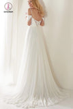 Unique Spaghetti Straps Sweep Train Wedding Dress, Long Beach Wedding Dresses KPW0505